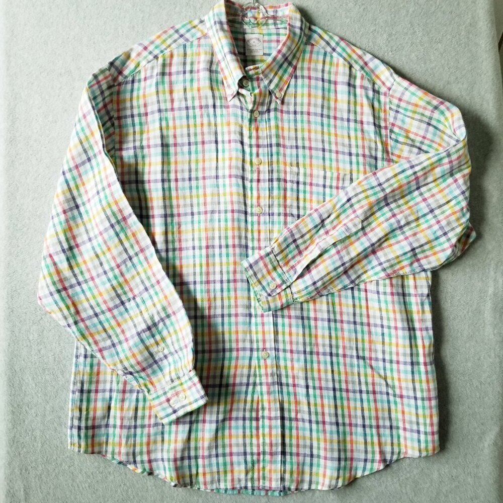 BROOKS BROTHERS XL Long Sleeved Button Down 100% Linen Plaid Shirt